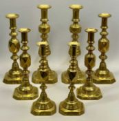 VICTORIAN BRASS CANDLESTICKS, 4 PAIRS - 'The King of Diamonds', 31.5cms H, 'The Queen of