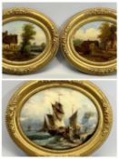 BRITISH SCHOOL 19th century oval reverse painted oil on glass - ship wrecked boat and figures, 32.