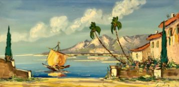 INDISTINCTLY SIGNED oil on canvas - Mediterranean boating, boat at water's edge with palm trees