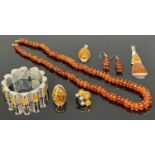 MODERN SILVER & AMBER/AMBER TYPE JEWELLERY - 7 items to include a multi-bead necklace, 58cms L, pair