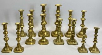 VICTORIAN BRASS CANDLESTICKS, 8 PAIRS - with octagonal bases and knopped columns, 30.5cms H the