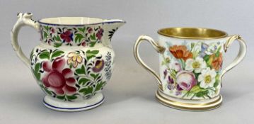 WILLIAM IV ENGLISH POTTERY JUG - painted with pink, blue and purple flowers, green leaves,