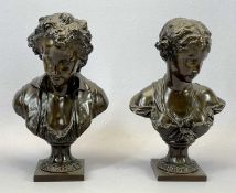 BRONZE BUSTS, A PAIR - Mid to late 19th century, modelled as a young man and young lady, on