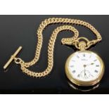 WALTHAM GOLD PLATED GENTLEMAN'S POCKET WATCH with rolled gold double Albert and T bar, manual