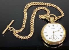 WALTHAM GOLD PLATED GENTLEMAN'S POCKET WATCH with rolled gold double Albert and T bar, manual