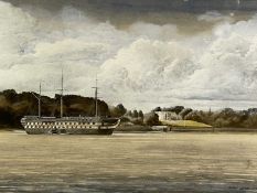 IEUAN LEWIS (1974) - HMS Conway moored on the Menai Straits by Plas Newydd, signed and dated 1974