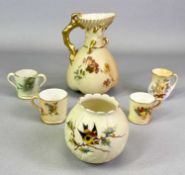 ROYAL WORCESTER 'BLUSH IVORY' JUG with shell form spout, gilded coral form handle, the body