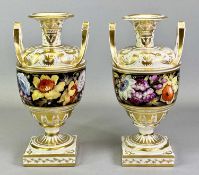 ROBERT BLOOR & CO DERBY PORCELAIN TWIN HANDLE VASES, A PAIR - the bodies having a hand painted