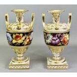 ROBERT BLOOR & CO DERBY PORCELAIN TWIN HANDLE VASES, A PAIR - the bodies having a hand painted