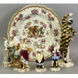 CONTINENTAL PORCELAIN FIGURINES GROUP and an armorial plate to include a possibly Samson figurine of