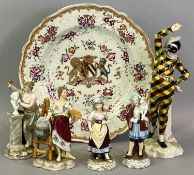 CONTINENTAL PORCELAIN FIGURINES GROUP and an armorial plate to include a possibly Samson figurine of