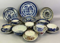 CHINESE EXPORT BLUE & WHITE PORCELAIN and some early English tea bowls, saucers, ETC, 20 pieces,