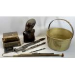 MASSIVE BRASS PRESERVE PAN – with steel fixed handle, 39.5cms D, large African carved hardwood bust,