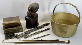 MASSIVE BRASS PRESERVE PAN – with steel fixed handle, 39.5cms D, large African carved hardwood bust,