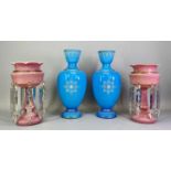 VICTORIAN PINK & MILK GLASS LUSTRES, a pair, with cut clear glass drops, 27cms H and Victorian