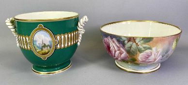 MINTON PORCELAIN PUNCH BOWL - painted with roses and leaves, signed 'M Dudley', with gilded rim,