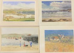 IEUAN WILLIAMS (1991) watercolour - figures and dog on beach by Beaumaris Pier, signed lower