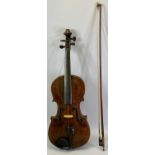VIOLIN - 38cms one piece back with bow labelled 'O Randall', in wooden case