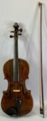 VIOLIN - 38cms one piece back with bow labelled 'O Randall', in wooden case