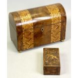 VICTORIAN DOMED TOP WALNUT DOUBLE TEA CADDY - having two bands of parquetry inlay and gilded ball