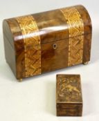 VICTORIAN DOMED TOP WALNUT DOUBLE TEA CADDY - having two bands of parquetry inlay and gilded ball