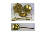 VICTORIAN COPPER & BRASS WARMING PAN with turned wooden handle, brass companion set with andirons