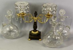 GILT METAL TWO BRANCH TABLE CANDELABRA - with cut glass candle lustres and three cut glass claret