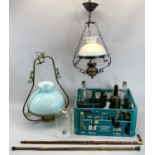 TUBULAR BRASS FRAMED HANGING OIL LAMP - the fitting converted to electricity with opaque blue and
