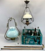 TUBULAR BRASS FRAMED HANGING OIL LAMP - the fitting converted to electricity with opaque blue and