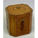 GEORGE III SATINWOOD & MARQUETRY TEA CADDY - of cube form with canted corners decorated with