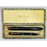 CONWAY STEWART BOXED PEN & PENCIL SET – in blue marble, includes NO 14 fountain pen and Nippy No 3