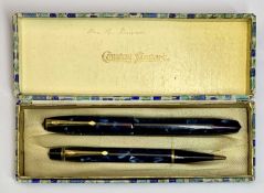 CONWAY STEWART BOXED PEN & PENCIL SET – in blue marble, includes NO 14 fountain pen and Nippy No 3