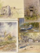 JOANNE THOMAS (British 20th century) watercolours (4) - Castle ruins with moat, 38 x 56cms,