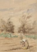 GODDING (British early 20th century) watercolour – gardeners, signed lower right, 31.5 x 22cms