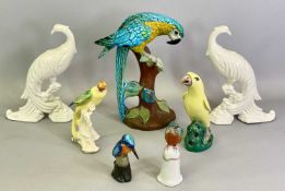 POTTERY & PORCELAIN BIRD GROUP – 7 items to include a colourful Gama Holland parrot perched upon a