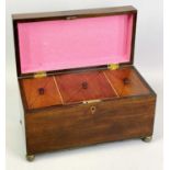 VICTORIAN MAHOGANY DOUBLE TEA CADDY - of rectangular form, on gilded ball feet, the interior