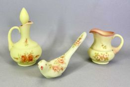 FENTON BURMESE GLASS - 3 items with hand painted floral decoration, bird hand painted by Sue Foster,