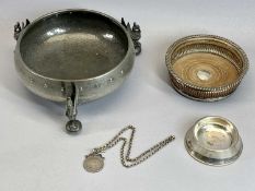 ENGLISH PEWTER CIRCULAR FRUIT BOWL – with hammered decoration, the three supports formed as Liver