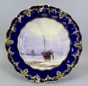 ROYAL CROWN DERBY PORCELAIN PLATE - the crimped cobalt border with raised gilded decoration, painted