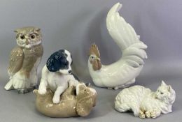 CONTINENTAL PORCELAIN ANIMAL FIGURINES (4) - to include a Lladro seated cockerel, 22cms H, Nao