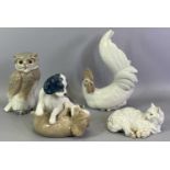 CONTINENTAL PORCELAIN ANIMAL FIGURINES (4) - to include a Lladro seated cockerel, 22cms H, Nao
