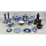 WEDGWOOD BLUE & WHITE JASPERWARE EARLY 1900S, A COLLECTION - candlesticks 18cms H, a pair, squat