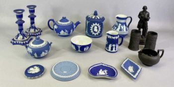 WEDGWOOD BLUE & WHITE JASPERWARE EARLY 1900S, A COLLECTION - candlesticks 18cms H, a pair, squat