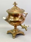 COPPER SAMOVAR - mid 19th century, circular body with opaque glass side handles and brass tap on