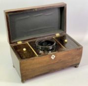 ROSEWOOD DOUBLE TEA CADDY - late 19th century, of sarcophagus form on brass ball feet, hinged