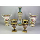 ENGLISH PORCELAIN VASES, A PAIR - 19th century, gilt framed cartouches painted with fine quality