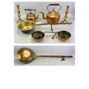 VICTORIAN CIRCULAR COPPER KETTLE - with acorn finial, 27cms H, a pair of Victorian brass