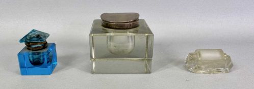 HEAVY SQUARE GLASS INKWELL - hinged circular silver cover, monogrammed 'R', Birmingham 1924, 8cms