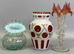 VASELINE & TURQUOISE GLASS ‘JACK IN THE PULPIT’ STYLE VASE with crimped rim, 12cms H, a Cranberry