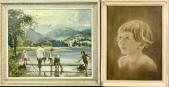 TAM (1972) oil on board – family playing by mountain lake with boats, signed and dated lower